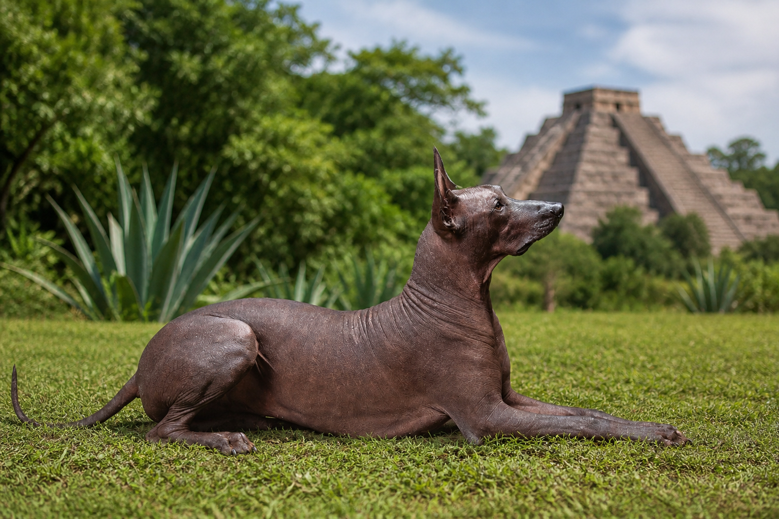 Cane Xoloitzcuintli senza pelo disteso su prato verde con piramide azteca sullo sfondo nel suo contesto storico e naturale