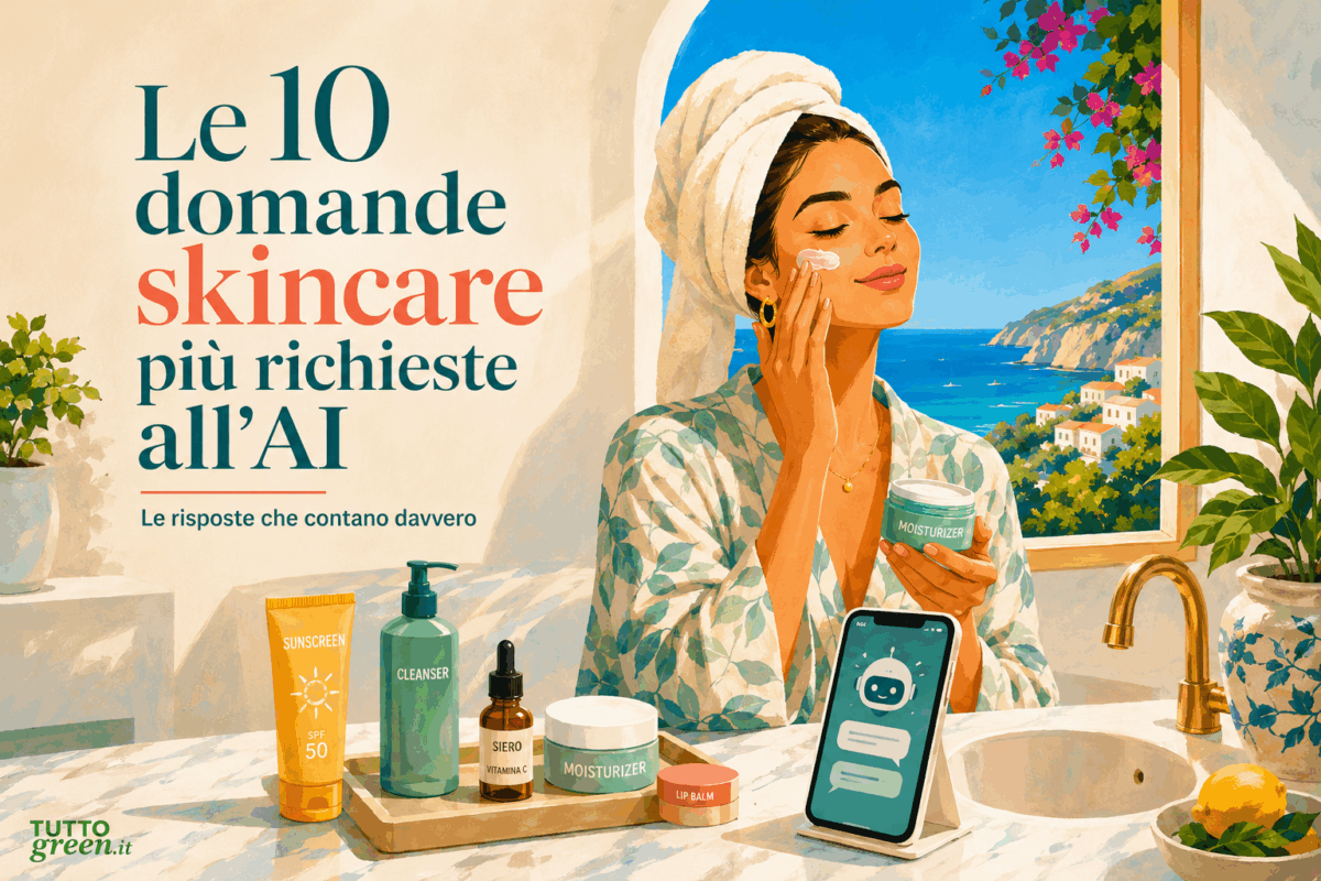 Donna che applica una crema viso in un bagno luminoso affacciato sul mare, con prodotti skincare e smartphone con assistente AI, per illustrare le 10 domande più richieste sull skincare all’intelligenza artificiale.