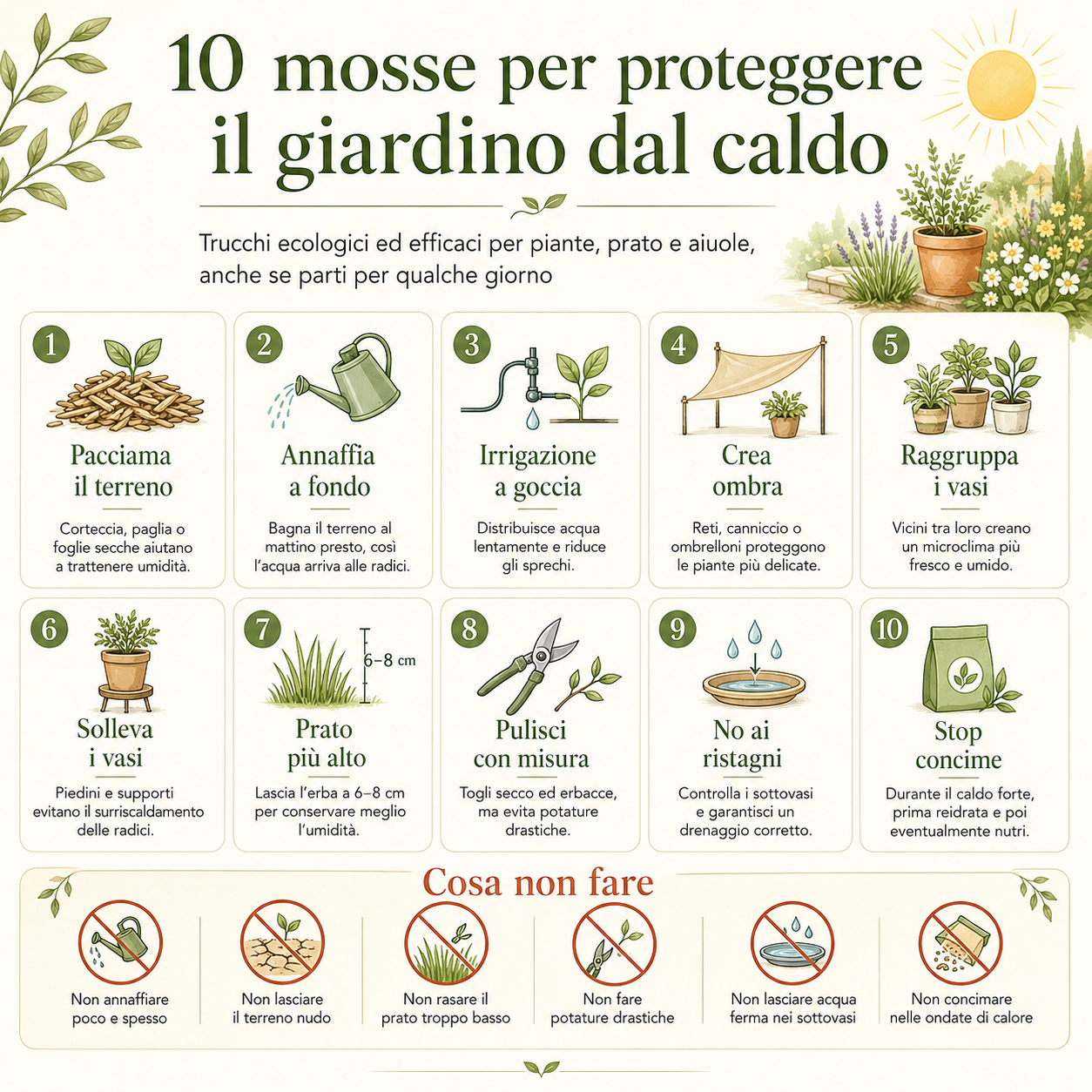 Infografica quadrata con 10 mosse ecologiche per proteggere il giardino dal caldo estivo, tra pacciamatura, irrigazione a goccia, ombra, prato alto e cose da non fare