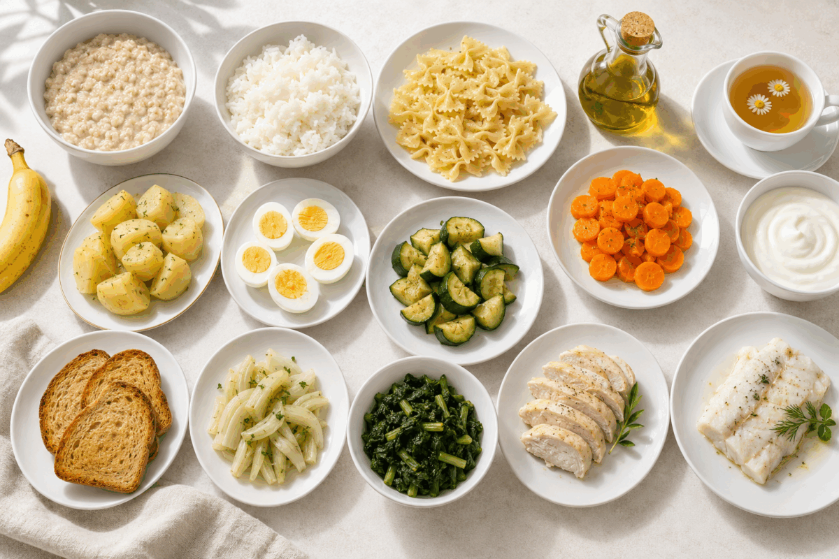Tavola imbandita con piatti bianchi contenenti i cibi più adatti a chi soffre di ernia iatale, tra cui avena cotta, riso in bianco, pasta semplice, patate lesse, pane tostato, uova sode, yogurt magro, banana, pesce bianco, pollo, zucchine, carote, finocchi e bietole cotte