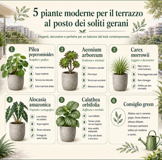 Infografica quadrata con 5 piante moderne per il terrazzo al posto dei gerani: Pilea, Aeonium, Carex, Alocasia e Calathea, con consigli di luce, acqua e cura
