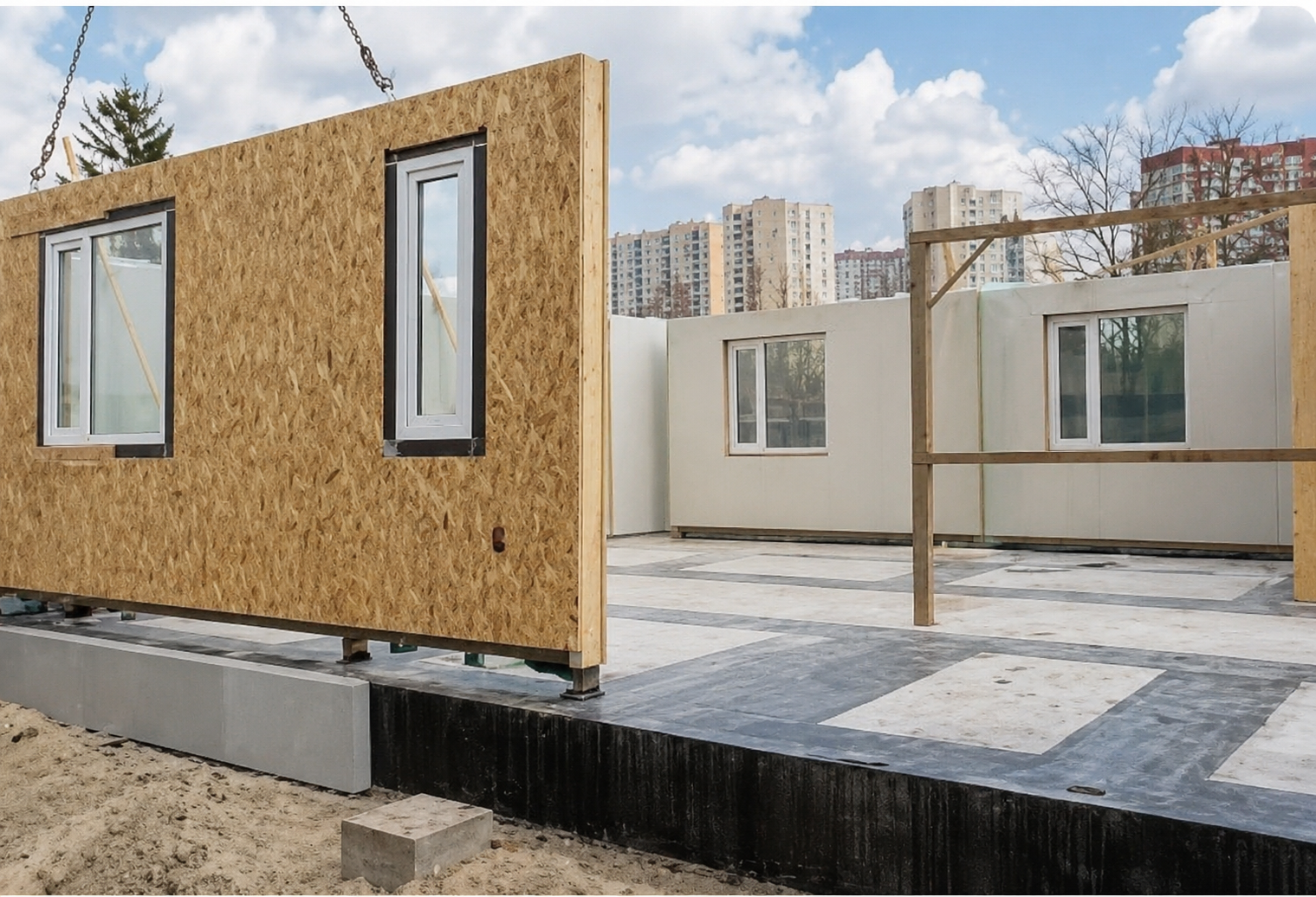 Cantiere di posa di un edificio prefabbricato