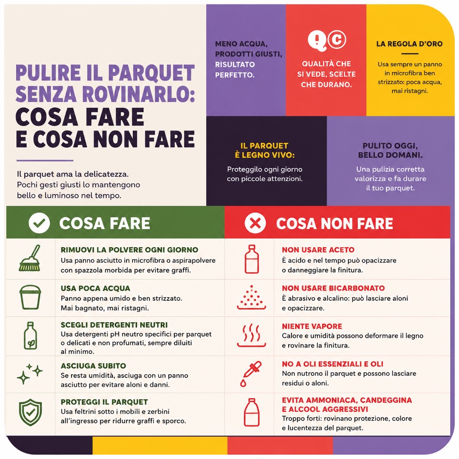 Infografica quadrata su come pulire il parquet senza rovinarlo, con elenco di cosa fare e cosa non fare: usare poca acqua, panno in microfibra ben strizzato e detergenti neutri, evitando aceto, bicarbonato, vapore, oli essenziali, ammoniaca, candeggina e alcol aggressivi.
