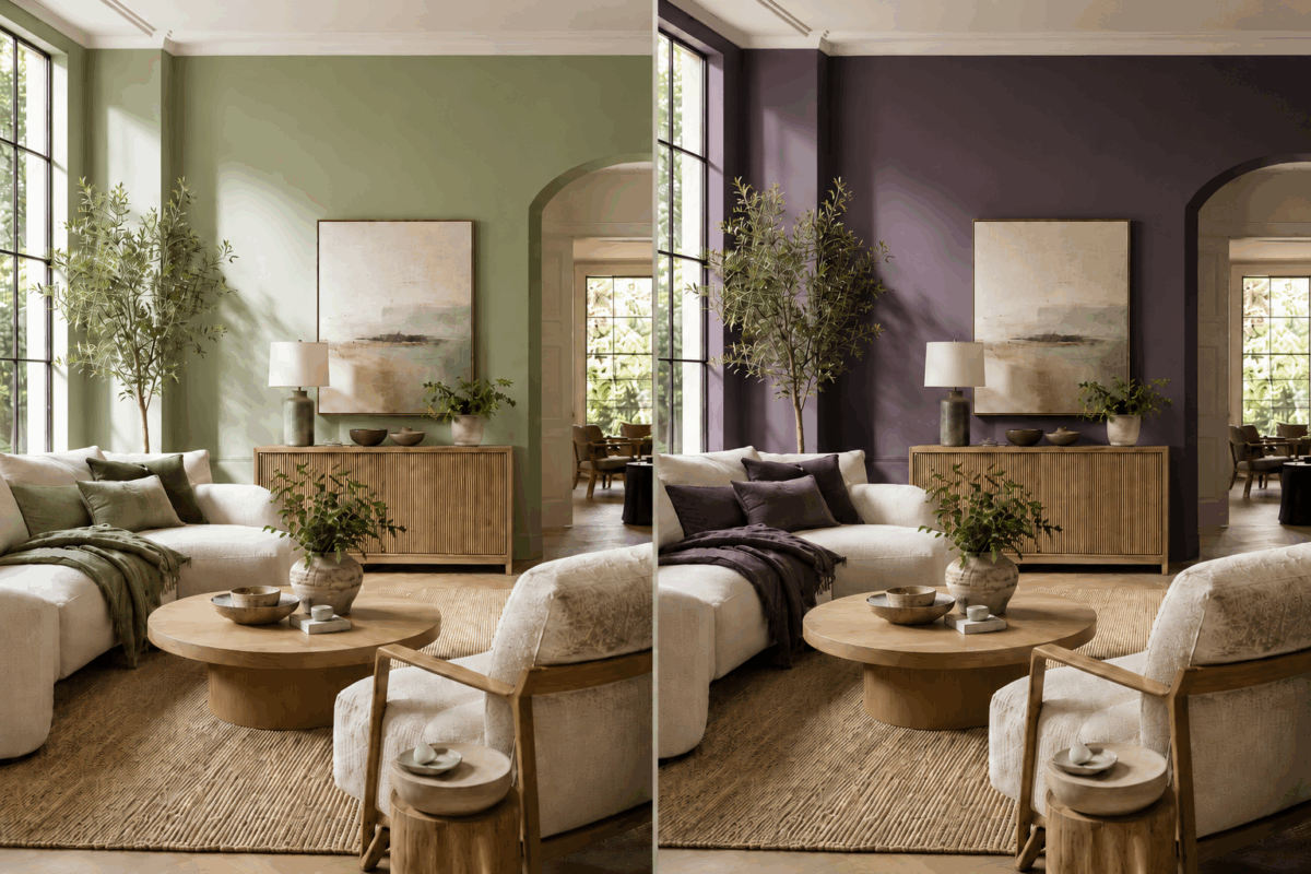 Interno di casa con colori delle pareti pensati per favorire benessere, calma e comfort