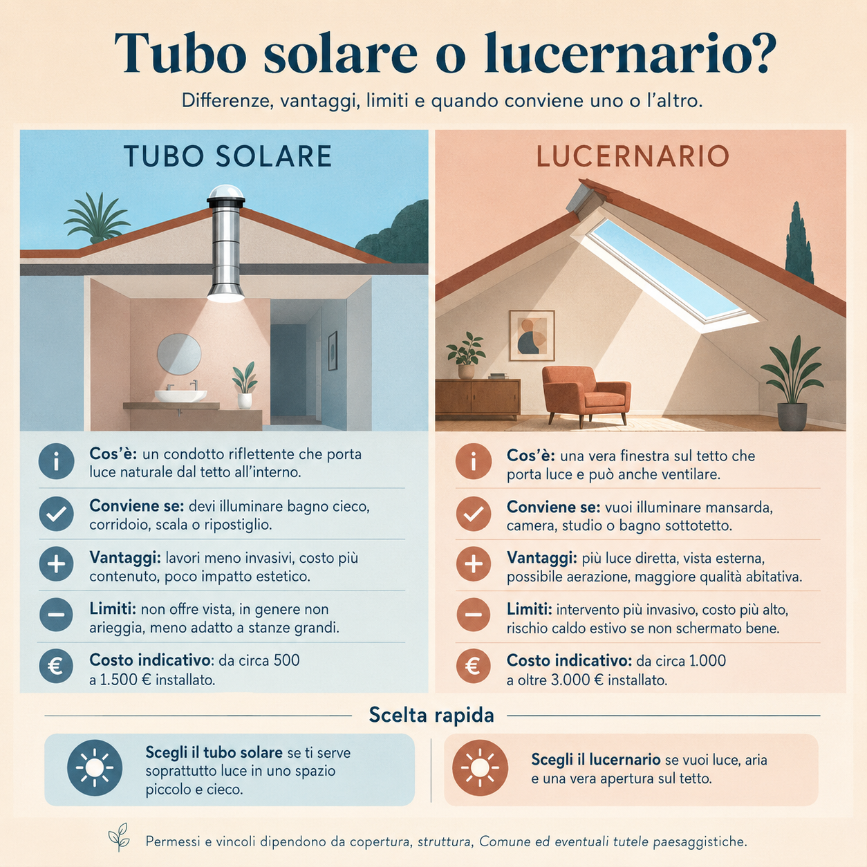 Infografica minimalista che confronta tubo solare e lucernario, spiegando differenze, vantaggi, limiti, costi indicativi e quando conviene scegliere una soluzione o l’altra