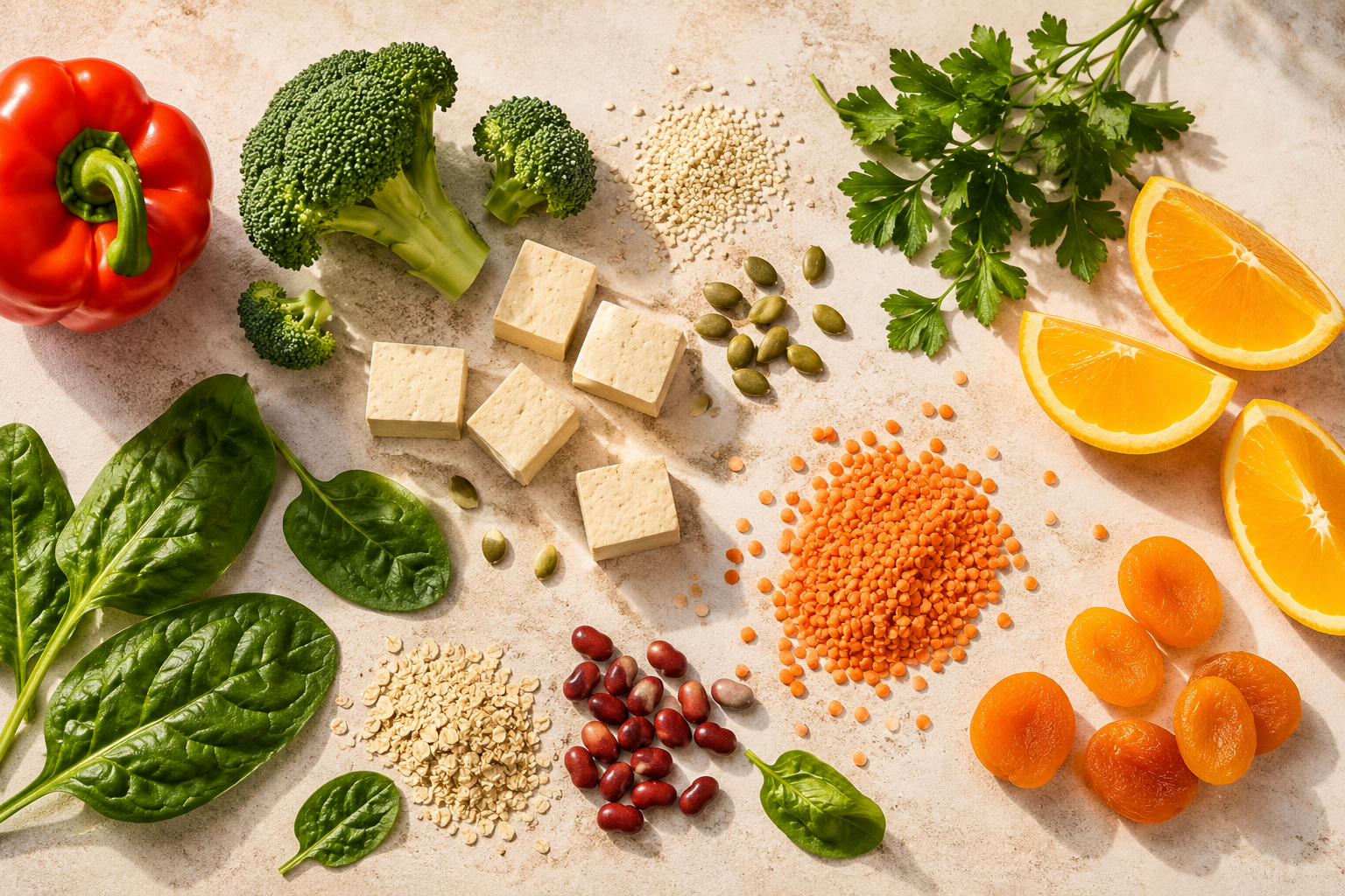 Composizione di alimenti vegetali ricchi di ferro non eme e vitamina C, come spinaci, lenticchie rosse, tofu, semi, broccoli, peperone rosso, arance e albicocche secche, disposti su fondo chiaro per illustrare gli abbinamenti utili a migliorare l’assorbimento del ferro.
