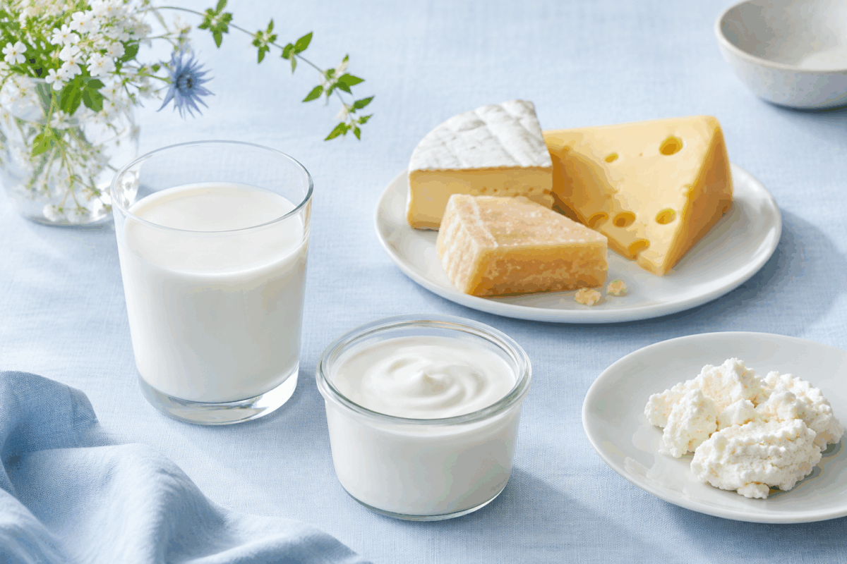 Bicchiere di latte, yogurt e formaggi su tovaglia di lino azzurro chiaro, immagine di copertina per un articolo sulla differenza tra allergia alle proteine del latte e intolleranza o malassorbimento del lattosio