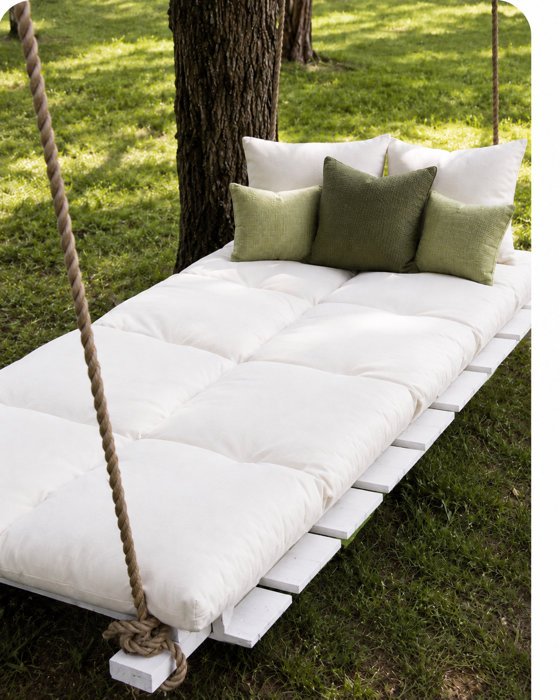 Altalena letto sospesa con corde, base in legno bianco e grandi cuscini bianchi, decorata con piccoli cuscini verde chiaro e verde scuro, in un giardino luminoso con prato
