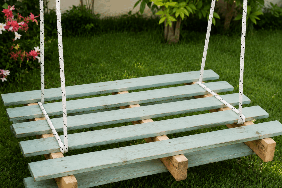 Altalena rustica realizzata con pallet di legno verniciato verde chiaro, appesa con corde bianche in un giardino curato con prato e piante fiorite sullo sfondo