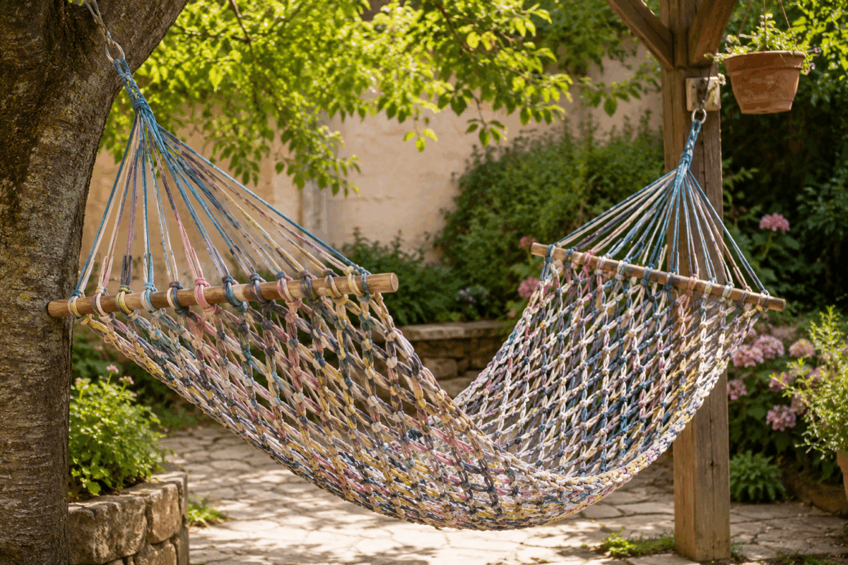 Amaca fai-da-te realizzata con vecchie T-shirt intrecciate, sospesa in giardino tra un albero e un supporto in legno, con rete colorata a nodi e bastoni di sostegno