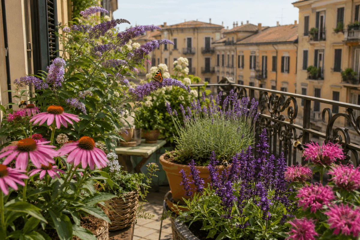 Balcone urbano fiorito in una città del nord Italia con vasi di echinacea, lavanda, buddleja, salvia ornamentale e monarda, visitati da api e bombi