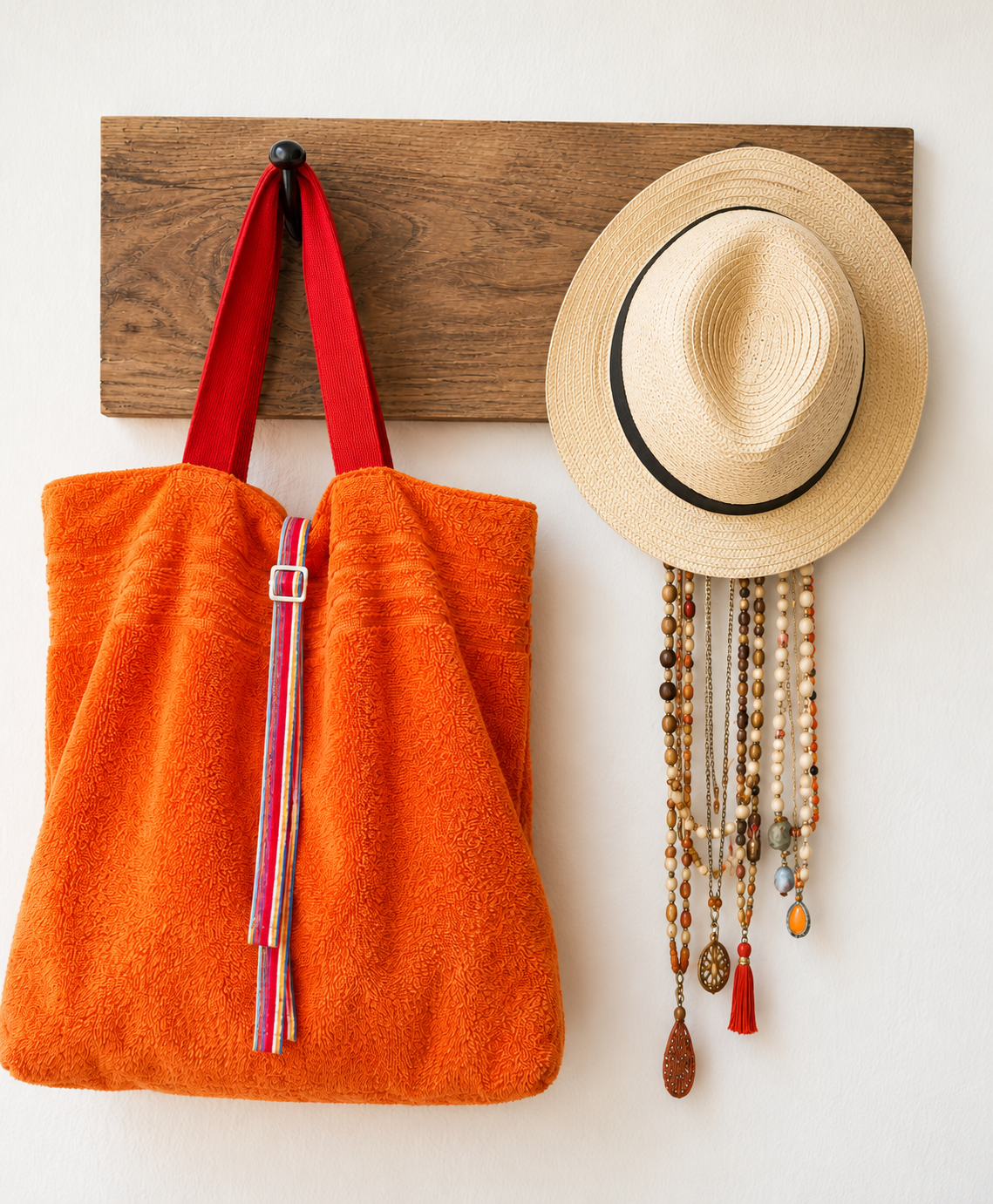 Borsa da spiaggia arancione realizzata con un asciugamano, appesa a un attaccapanni in legno con manici rossi, cappello di paglia e collane decorative sullo sfondo