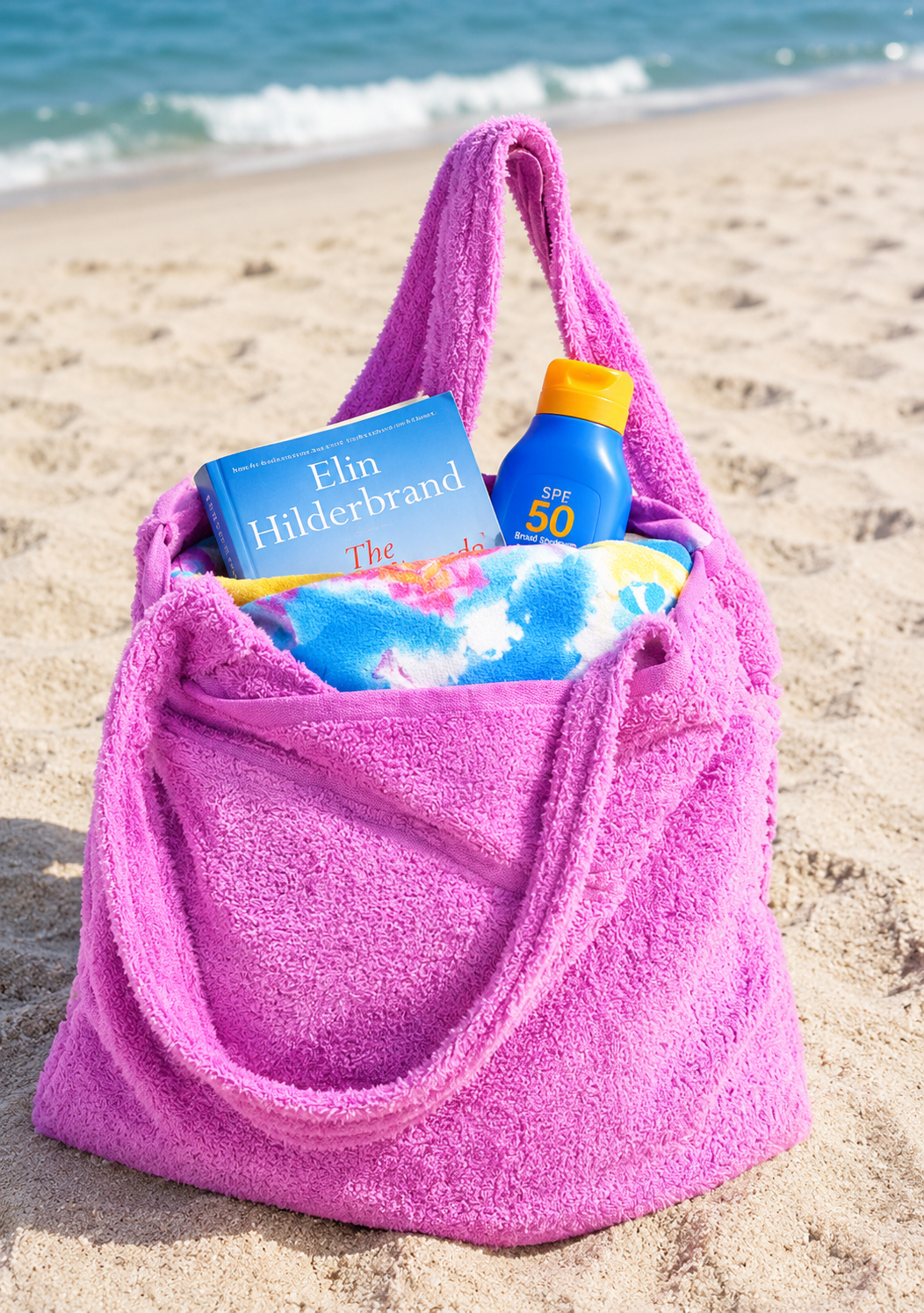 Borsa da spiaggia fucsia chiaro in spugna appoggiata sulla sabbia con un libro, una crema solare e un telo colorato che spuntano dall’interno