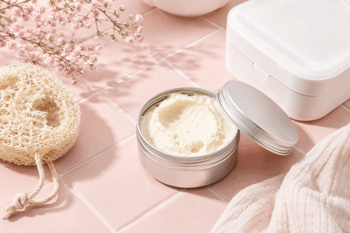 Vasetto di metallo con burro di karité su piastrelline rosa pallido, con scatolina bianca e spugna corpo di loofah in stile flat-lay elegante