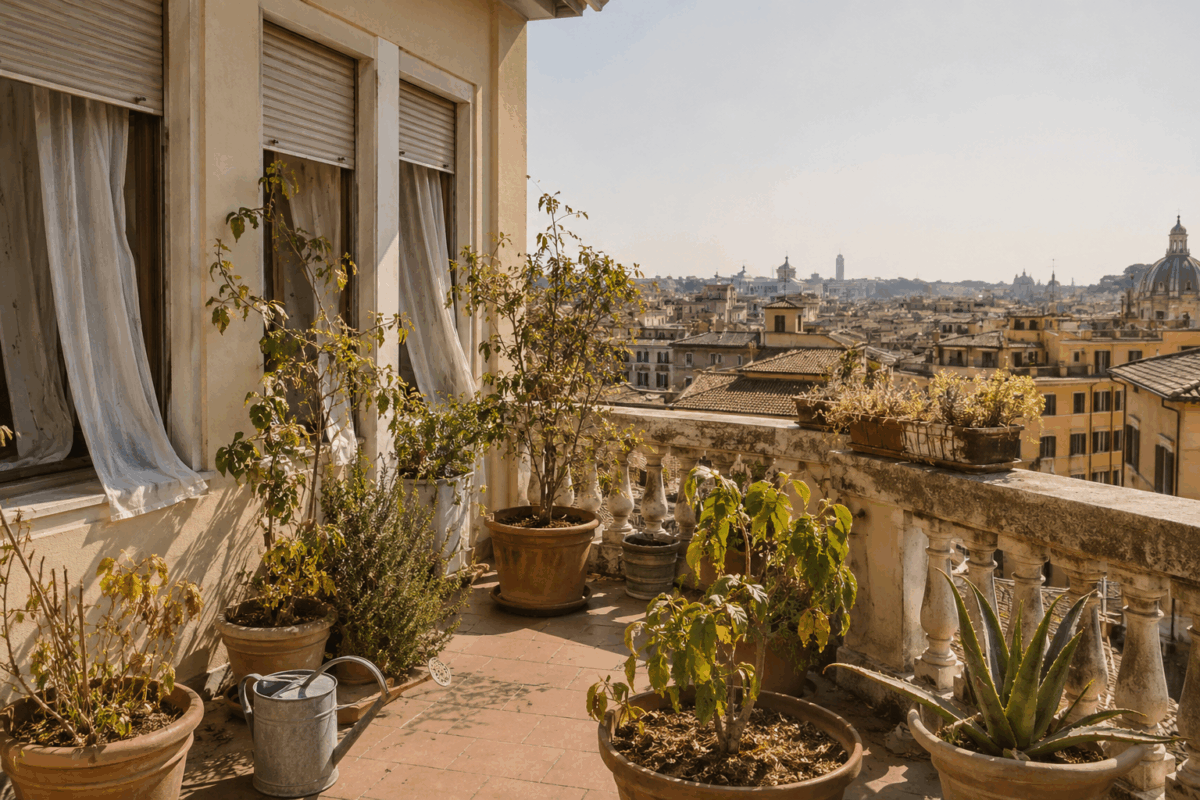 Terrazzo urbano assolato durante un’ondata di caldo, con finestre schermate, piante in vaso sofferenti, terriccio secco e annaffiatoio, per illustrare gli effetti del caldo anomalo su casa e giardino