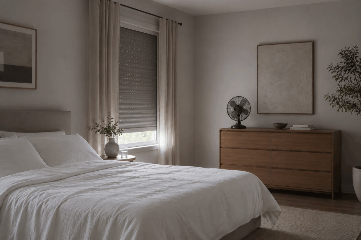 Camera da letto minimal in penombra con lenzuola bianche di cotone leggero, tapparella quasi abbassata, pochi mobili di design e ventilatore su cassettiera