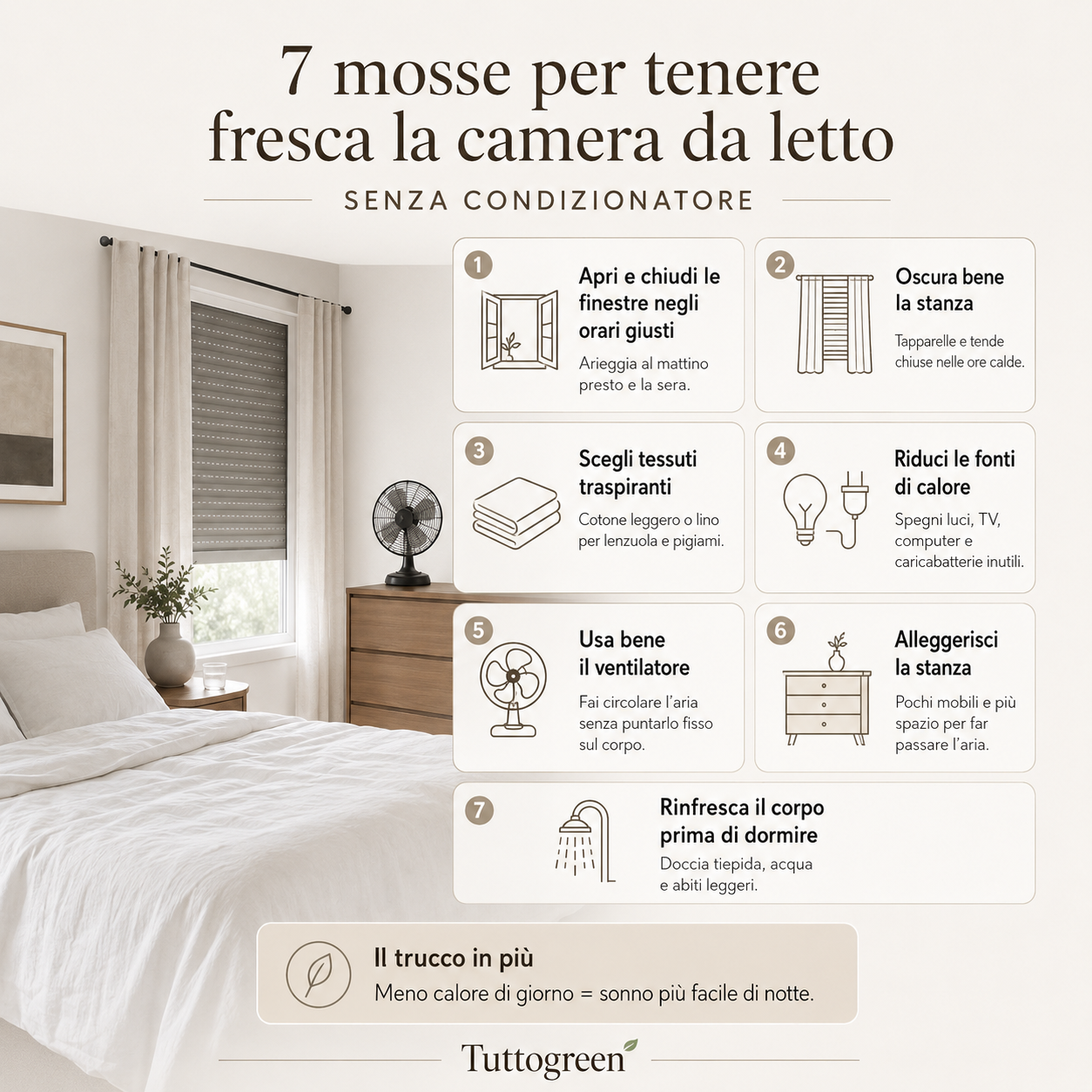 Infografica elegante e minimal con 7 mosse per tenere fresca la camera da letto senza condizionatore, ispirata a una stanza in penombra con lenzuola leggere, tapparella abbassata e ventilatore