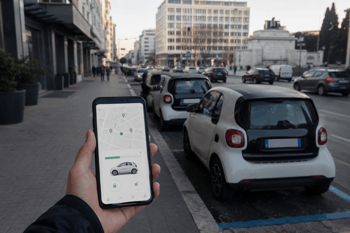 Mano che tiene uno smartphone con app di car sharing aperta, davanti ad auto compatte parcheggiate lungo una strada urbana italiana