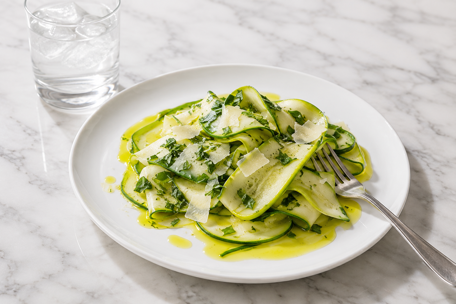 Carpaccio di zucchine servito su piatto bianco, condito con succo di limone, olio extravergine e scaglie di grana, con bicchiere d’acqua e ghiaccio