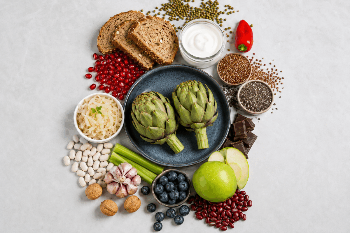 Composizione di cibi utili per nutrire il microbiota intestinale, con yogurt, crauti, pane integrale, carciofi, semi di lino, semi di chia, frutta, legumi e verdure