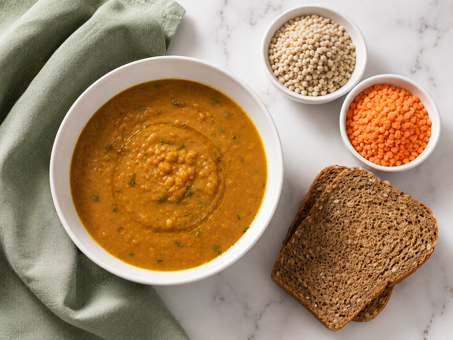 Ciotola bianca di zuppa di lenticchie con accanto una ciotolina di orzo, una di lenticchie rosse, due fette di pane integrale e un tovagliolo in lino verde salvia su piano di marmo bianco