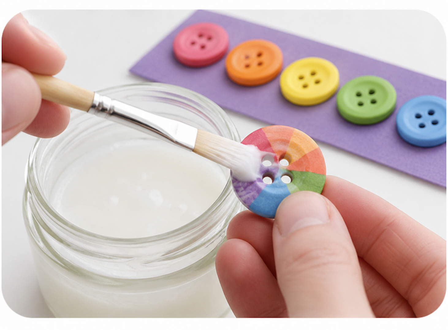Primo piano di un lavoretto creativo con colla naturale: un pennellino stende la colla su un bottone colorato, accanto a un vasetto di colla e a un cartoncino con una fila di bottoni già incollati