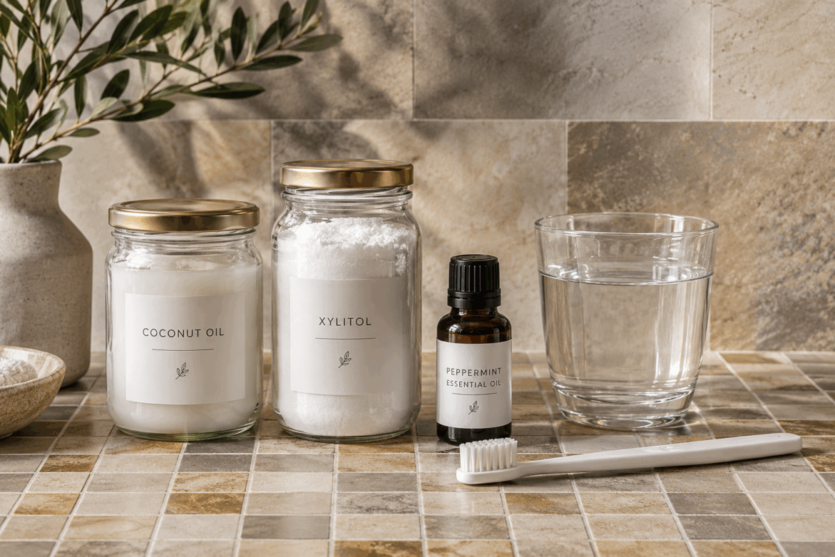 Ingredienti per collutorio naturale all’olio di cocco da usare con il metodo dell’oil pulling, con olio di cocco, xilitolo, olio essenziale di menta piperita, spazzolino bianco e bicchiere d’acqua