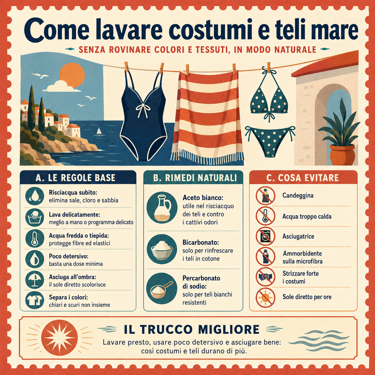 Infografica quadrata in stile rétro con consigli naturali per lavare costumi e teli mare senza rovinare colori e tessuti, con regole base, rimedi naturali e cose da evitare