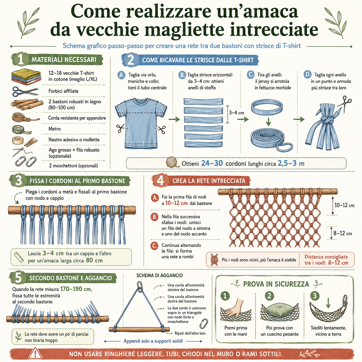 Infografica quadrata con schema passo passo per realizzare un’amaca con vecchie T-shirt intrecciate, mostrando materiali, taglio delle strisce, nodi, rete a rombi, bastoni e aggancio sicuro