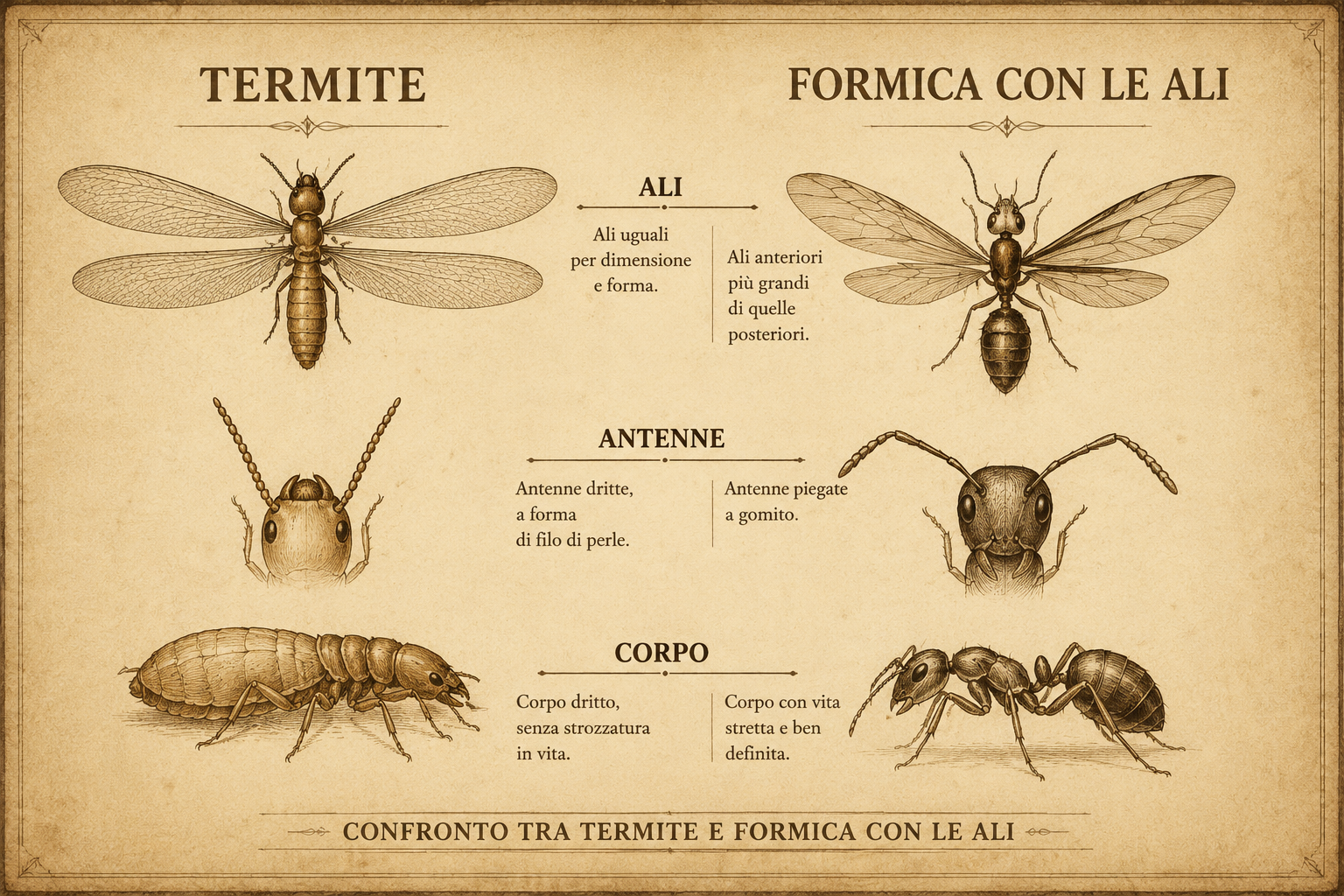 Illustrazione che confronta una termite alata e una formica con le ali, evidenziando differenze di corpo, antenne e ali