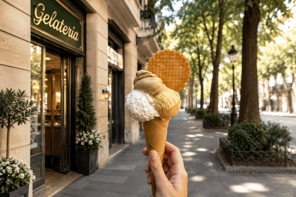 Cono gelato davanti a una gelateria in una strada elegante e alberata, immagine usata per illustrare i trucchi per scegliere il gelato meno calorico al banco