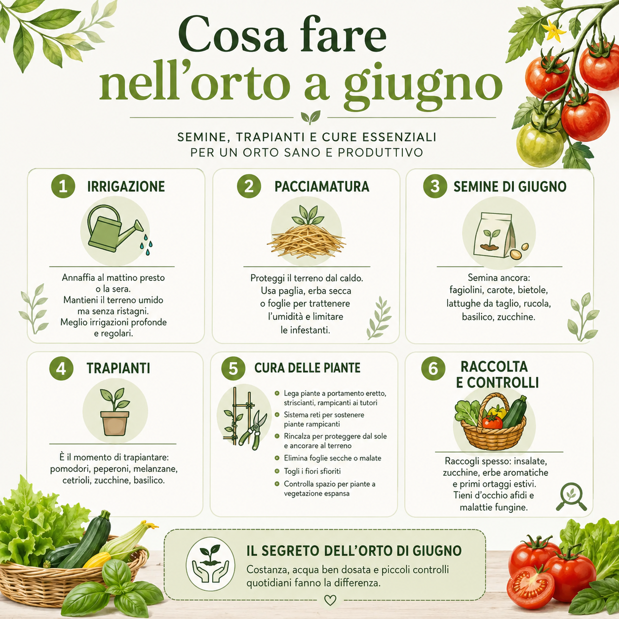 Infografica quadrata sui lavori da fare nell’orto a giugno: irrigazione, pacciamatura, semine, trapianti, cura delle piante e raccolta degli ortaggi estivi