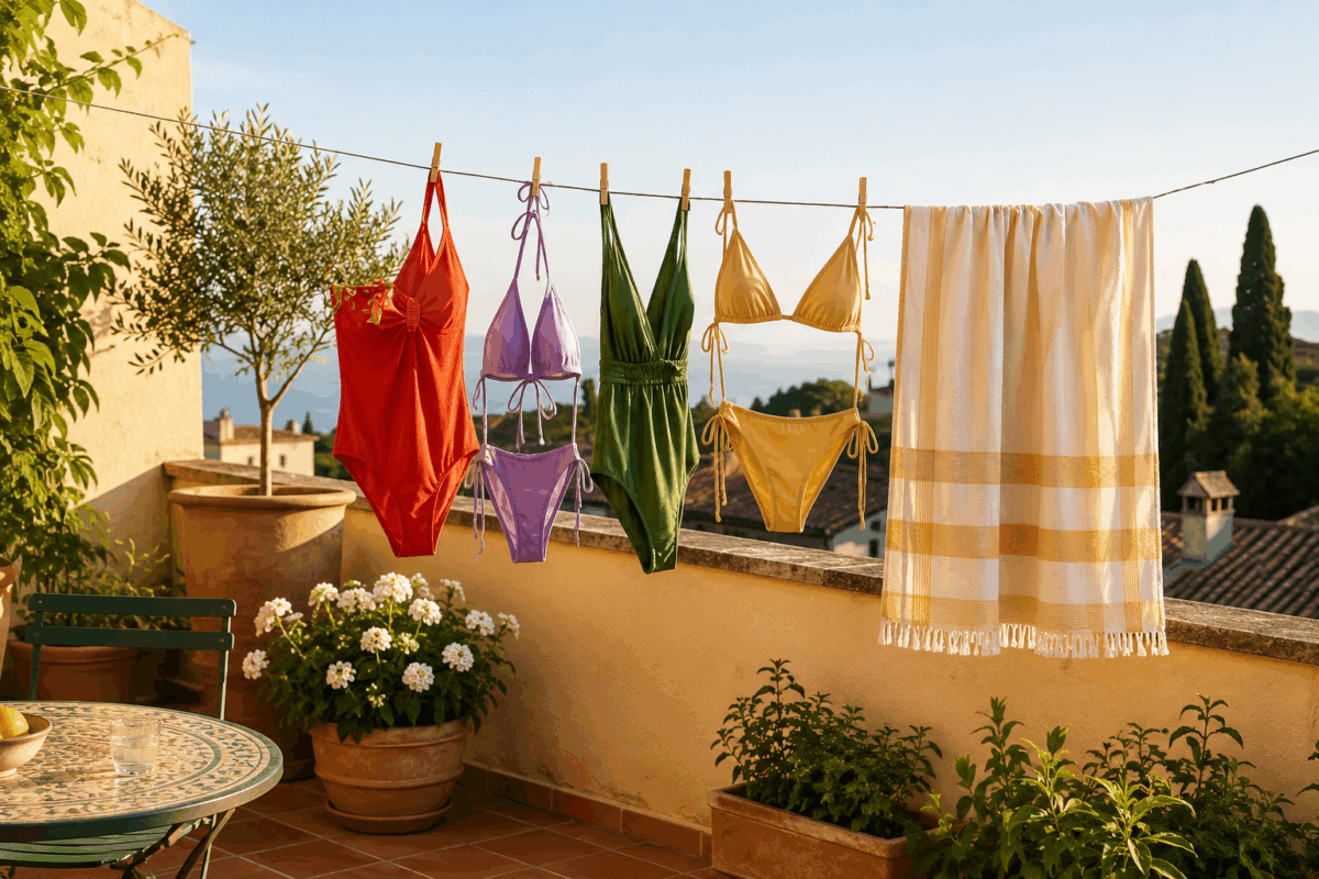 Costumi colorati e telo mare appesi ad asciugare sul terrazzo di casa, con piante in vaso e luce estiva calda