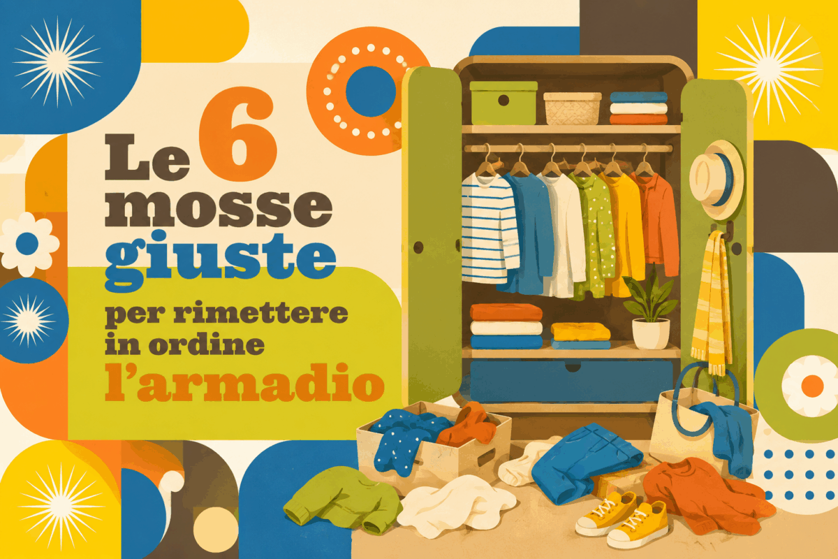 Illustrazione colorata in stile grafico rétro con armadio aperto, vestiti appesi, capi sparsi sul pavimento e la scritta “Le 6 mosse giuste per rimettere in ordine l’armadi
