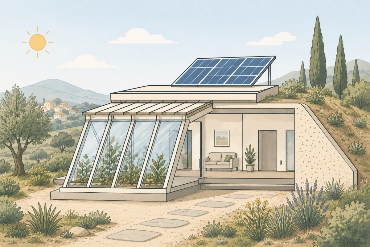 Illustrazione di una casa costruita secondo i principi Earthship, con serra solare frontale, pannelli fotovoltaici e integrazione nel paesaggio naturale
