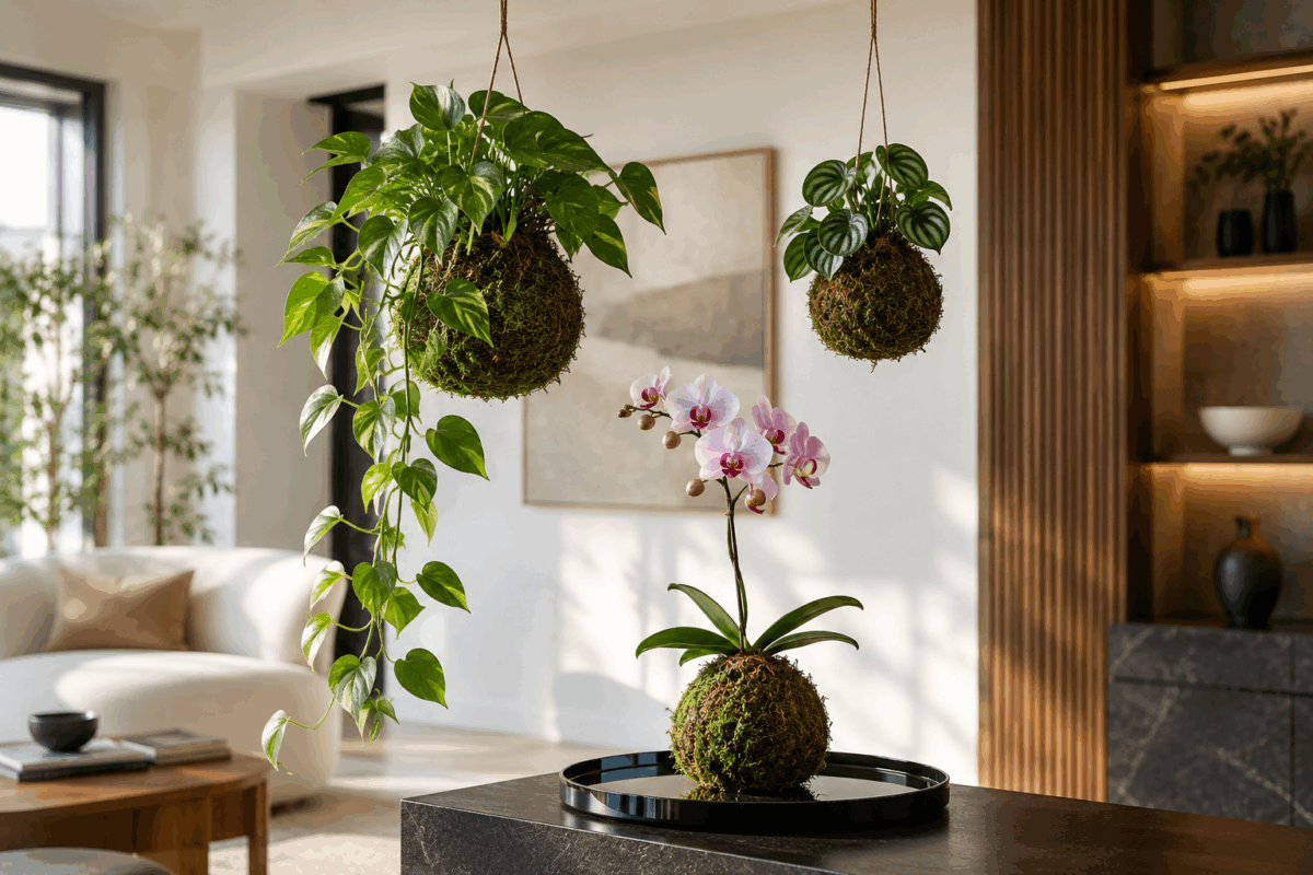 Tre kokedama in un interno moderno e luminoso: due appesi con un pothos e una peperomia, e uno con un’orchidea appoggiato su un vassoio nero lucido in un elegante soggiorno contemporaneo