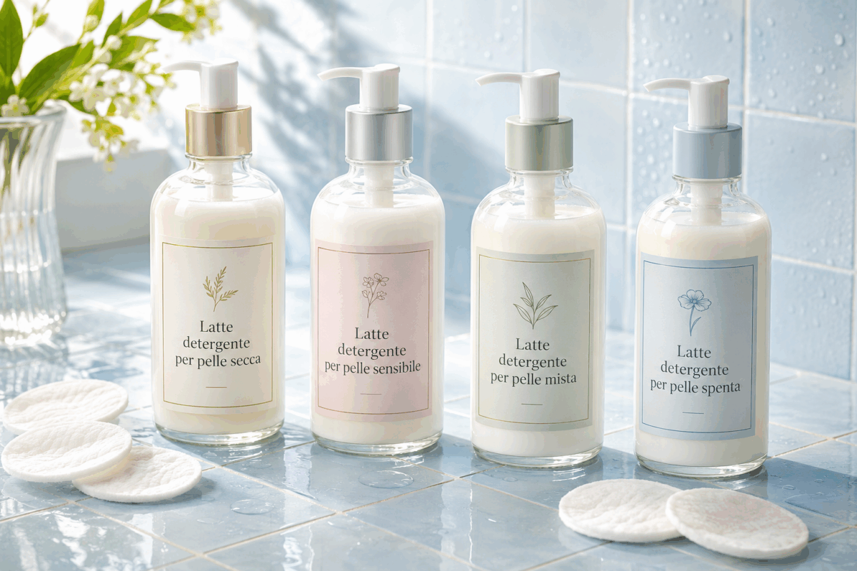 Quattro flaconi di vetro con latte detergente naturale per pelle secca, sensibile, mista e spenta, su piastrelle azzurro chiaro bagnate con dischetti di coton