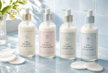 Quattro flaconi di vetro con latte detergente naturale per pelle secca, sensibile, mista e spenta, su piastrelle azzurro chiaro bagnate con dischetti di coton