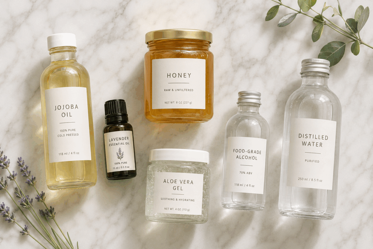 Flat-lay elegante su piano in marmo con olio di jojoba, olio essenziale di lavanda, miele, gel di aloe vera, alcol alimentare e acqua distillata per ricette beauty naturali