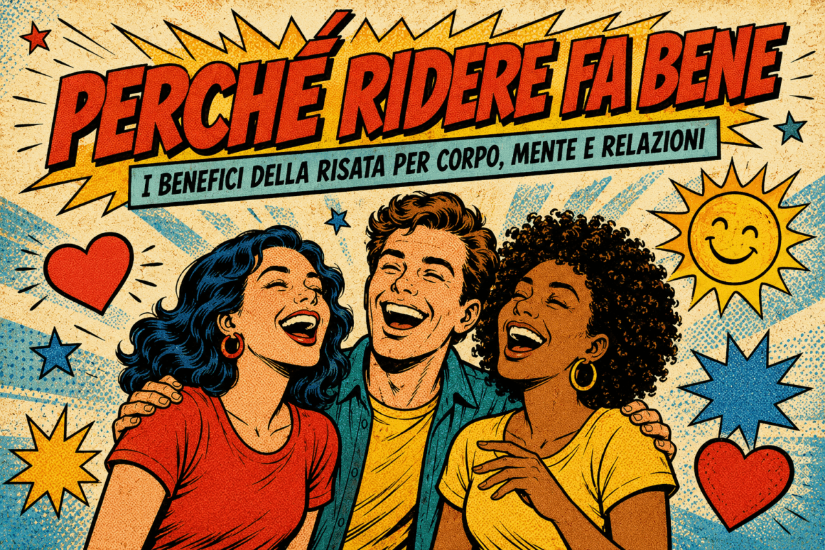 Tre persone che ridono insieme in stile fumetto vintage, con grafiche pop e testo sui benefici della risata per corpo, mente e relazioni