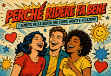 Tre persone che ridono insieme in stile fumetto vintage, con grafiche pop e testo sui benefici della risata per corpo, mente e relazioni