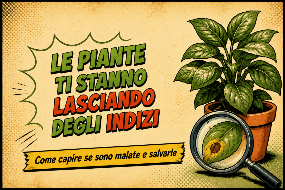Cover illustrata in stile fumetto con una pianta in vaso, una lente d’ingrandimento su una foglia macchiata e la scritta “Le piante ti stanno lasciando degli indizi”, dedicata a come capire se le piante sono malate e salvarle