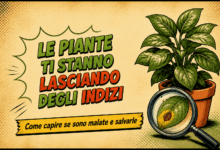 Cover illustrata in stile fumetto con una pianta in vaso, una lente d’ingrandimento su una foglia macchiata e la scritta “Le piante ti stanno lasciando degli indizi”, dedicata a come capire se le piante sono malate e salvarle