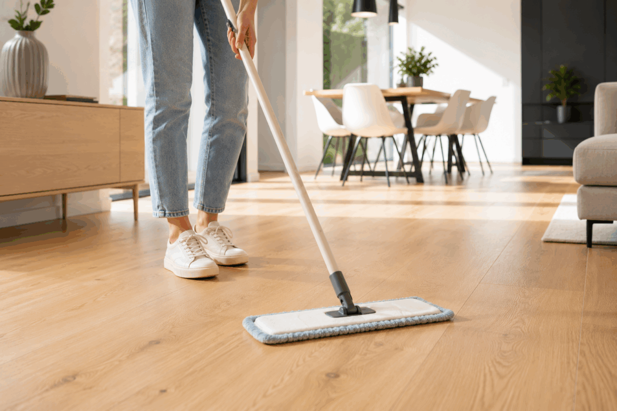 Persona in piedi che pulisce un pavimento in parquet chiaro con un mop e panno in microfibra, in una casa moderna luminosa ed elegante con arredi minimal e luce naturale.