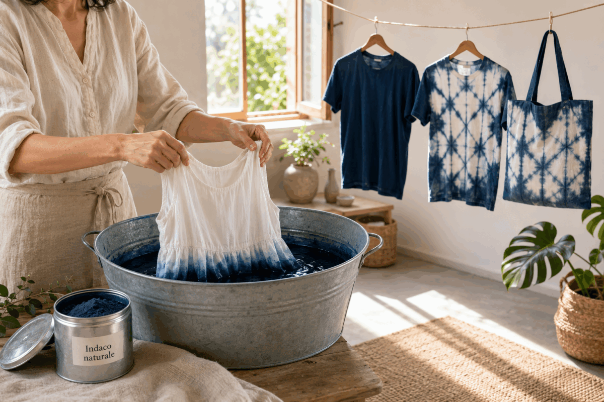 Persona che immerge un vestito di cotone in una tintura indaco naturale, con capi tinti e shibori appesi in una stanza luminosa