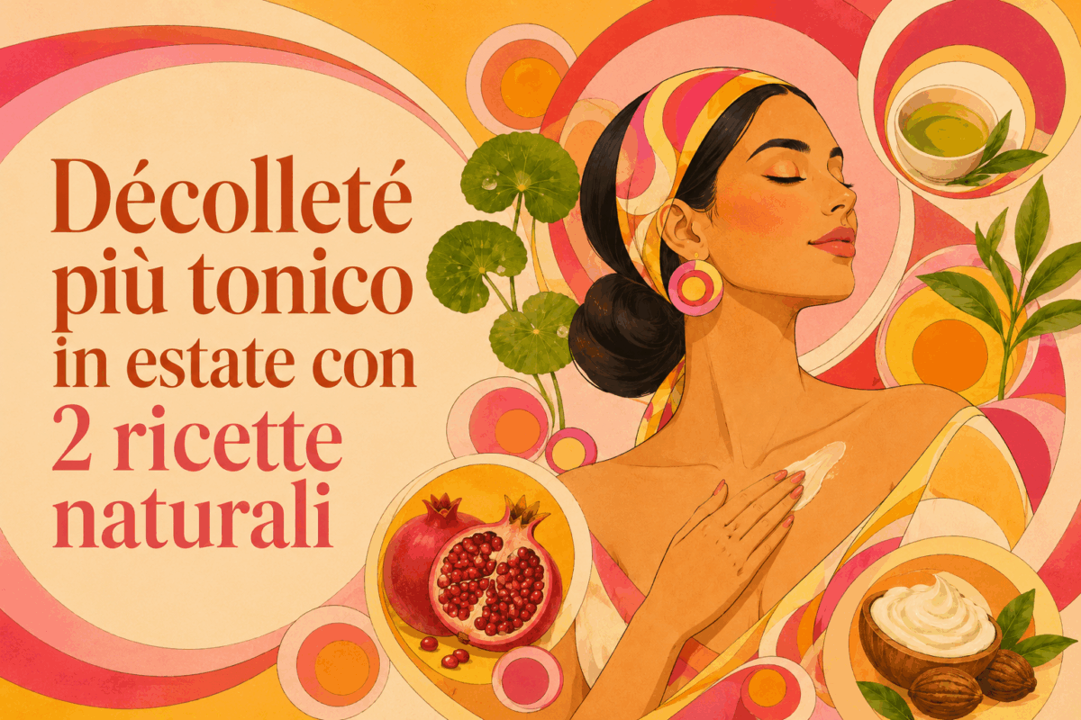 Donna che applica un trattamento naturale sul décolleté, con ingredienti come centella, tè