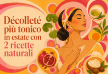 Donna che applica un trattamento naturale sul décolleté, con ingredienti come centella, tè