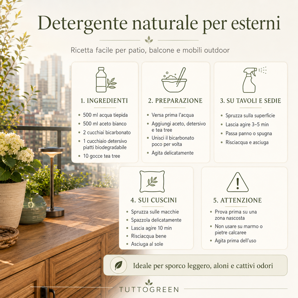 Infografica elegante e minimal sul detergente naturale per esterni con acqua tiepida, aceto bianco, bicarbonato, detersivo biodegradabile e tea tree, con istruzioni per usarlo su tavoli, sedie e cuscini da patio