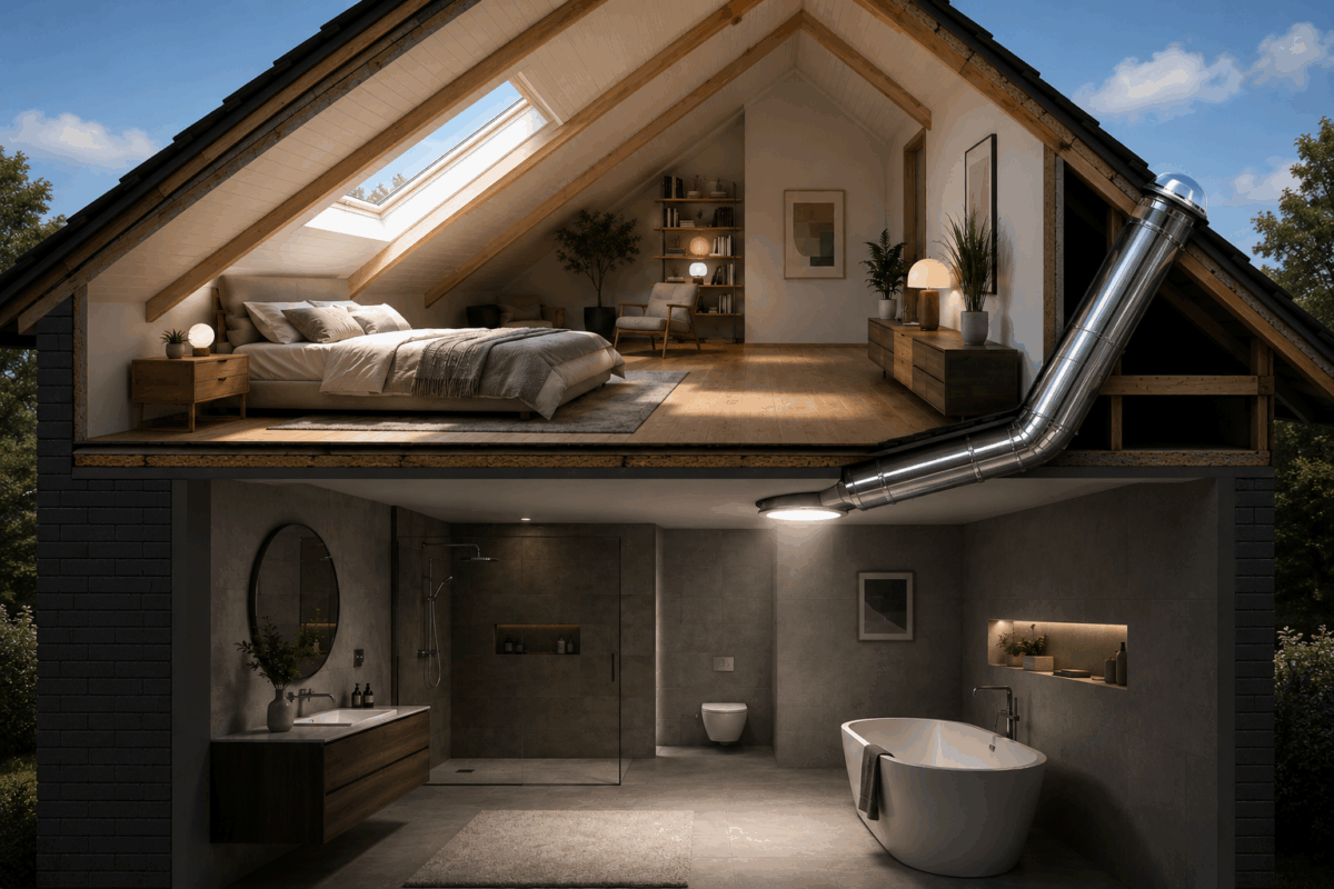 Interno sezionato di una casa con mansarda illuminata da un lucernario e bagno moderno più buio illuminato da un tubo solare collegato alla falda del tetto