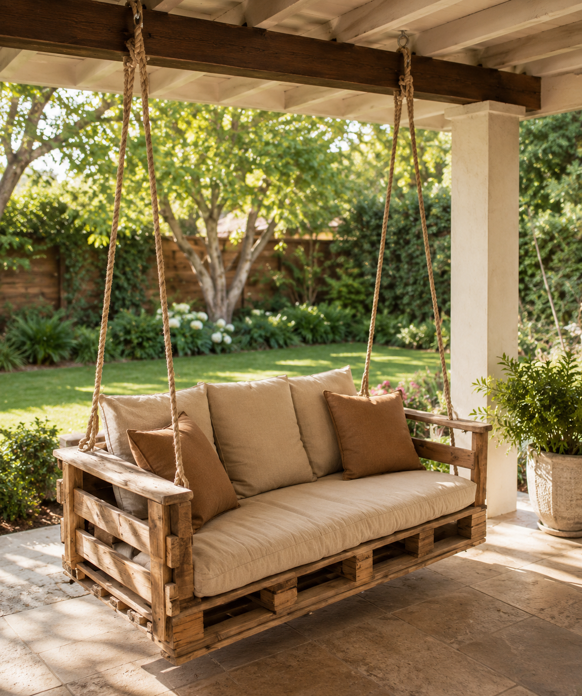 Dondolo in pallet di legno appeso a una trave del soffitto di un patio, con cuscini beige e marroni, affacciato su un giardino verde e luminoso
